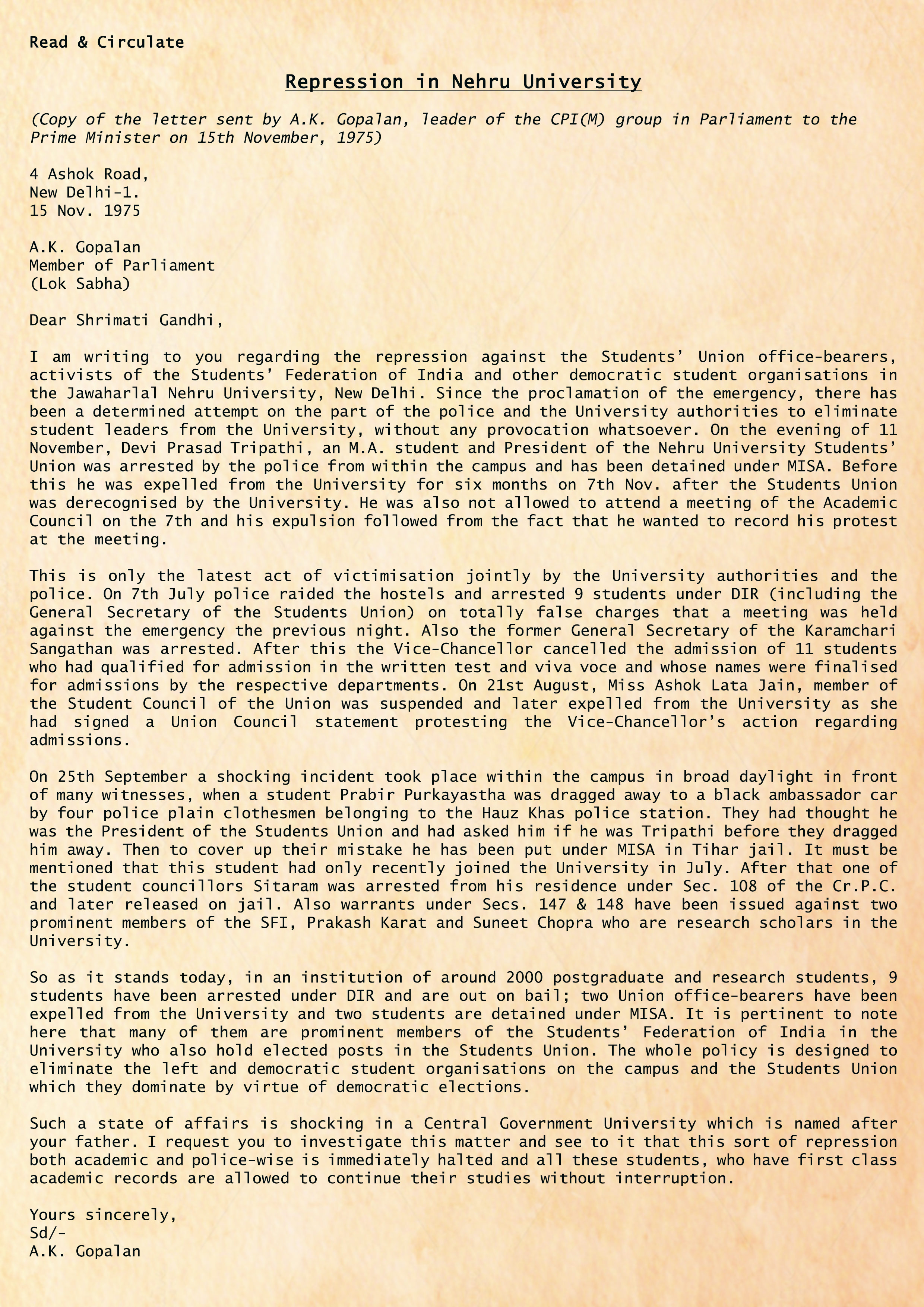 Emergency Files: Part 5 - A.K. Gopalan writes to Indira Gandhi in protest against the repression in JNU